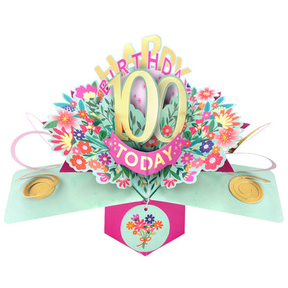 Love Kate's 100th birthday card pop up with colorful flowers and decorative gold accents