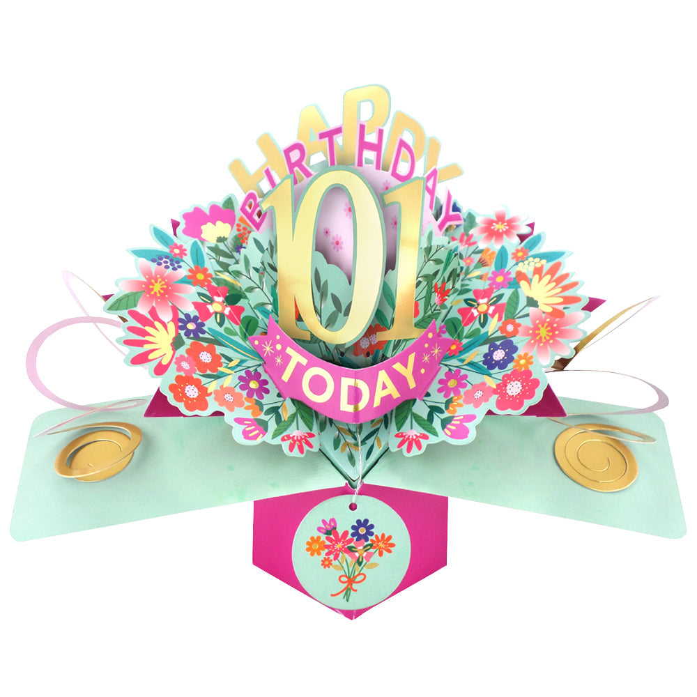 Love Kate's 101st Birthday Pop Up Card with colorful floral design and gold accents