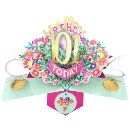 Love Kate's 101st Birthday Pop Up Card with colorful floral design and gold accents