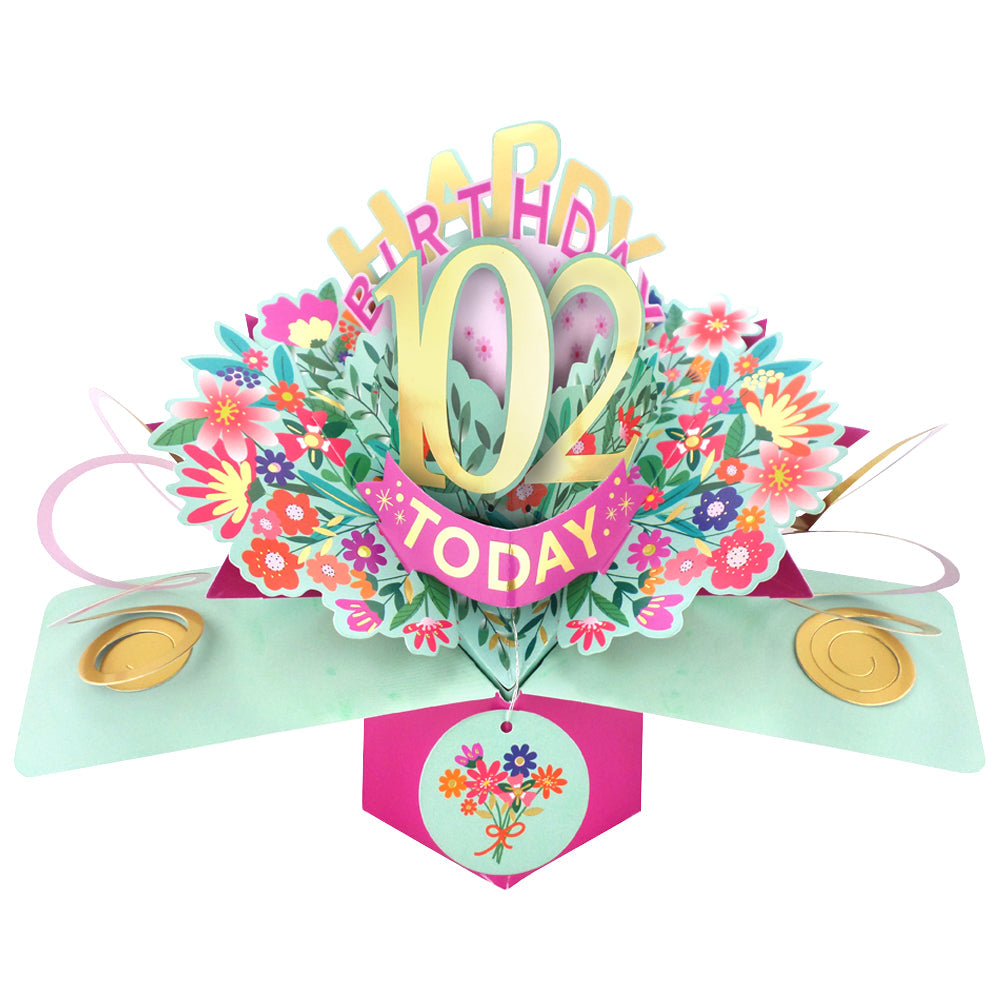 Love Kate's 102nd birthday pop up card with colorful flowers and gold accents
