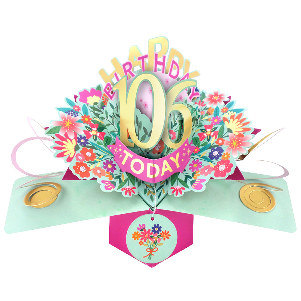 Love Kate's 106th birthday pop up card with colorful flowers and gold number 106 centerpiece