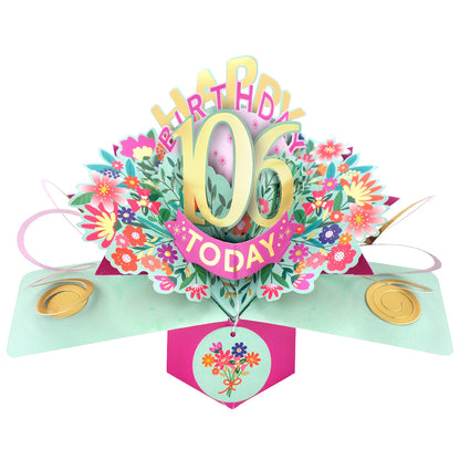 Love Kate's 106th birthday pop up card with colorful flowers and gold number 106 centerpiece