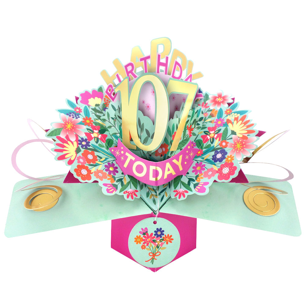 Love Kates 107th birthday card pop up with colorful flowers and gold accents