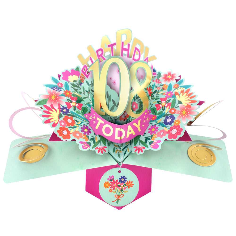 Love Kate's colorful 108th birthday pop up card with bright flowers and gold accents