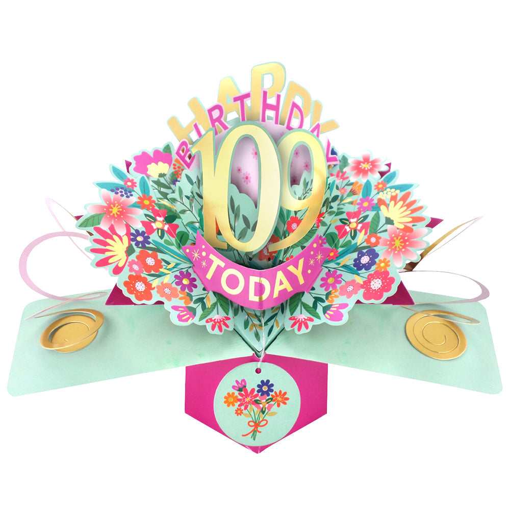 Love Kate's 109th birthday card pop up with colorful flowers and gold accents