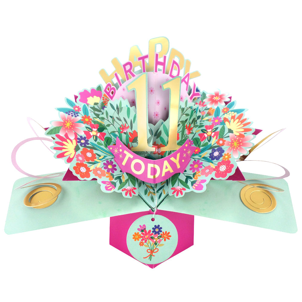 Love Kate's pop up birthday card for 11th birthday with colorful flowers and festive design