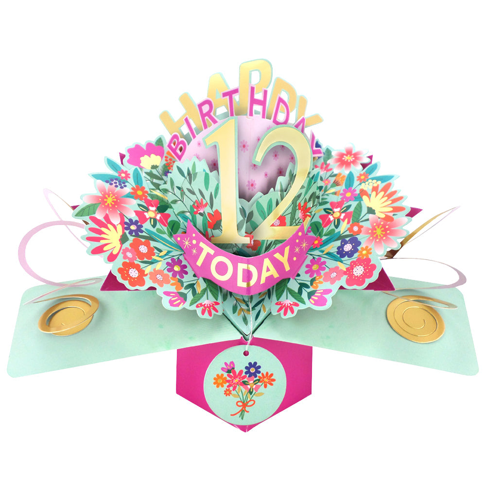 Love Kate's 12th birthday pop-up card with colorful floral design and birthday message