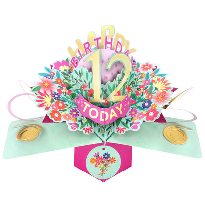 Love Kate's 12th birthday pop-up card with colorful floral design and birthday message