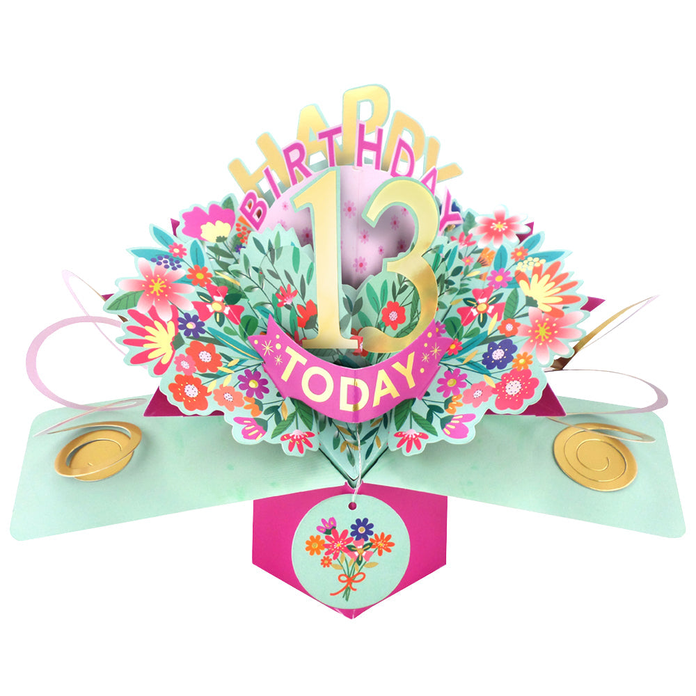 Love Kate's 13th birthday pop-up card with colorful flowers and gold accents