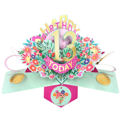Love Kate's 13th birthday pop-up card with colorful flowers and gold accents