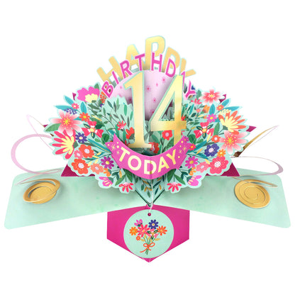Love Kates colorful 14th birthday pop up card with floral design and gold accents