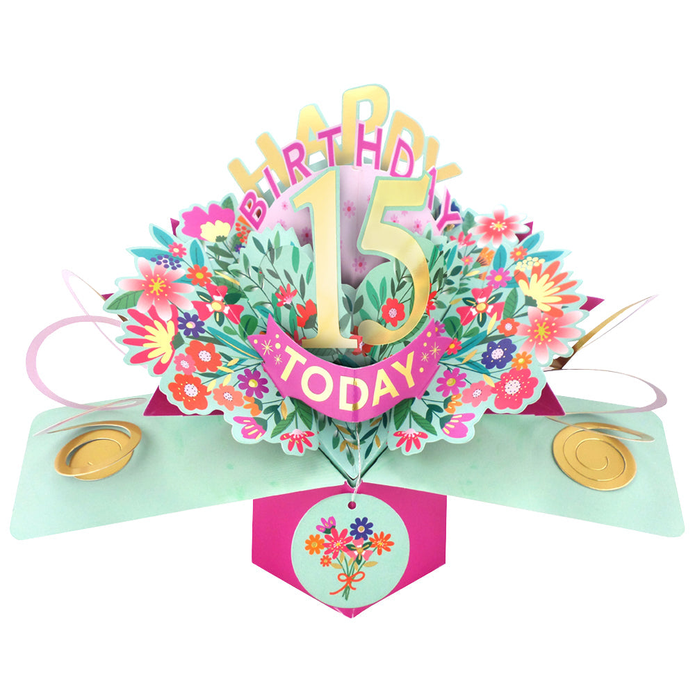 Love Kate's 15th birthday pop up card with colorful flowers and cheerful design