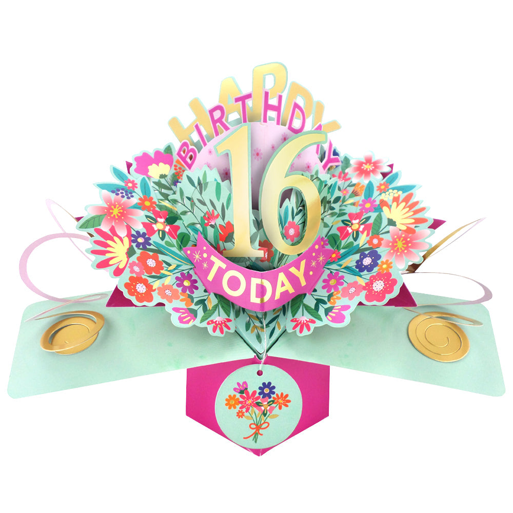 Love Kate's 16th birthday pop up card with colorful flowers and decorative gold accents