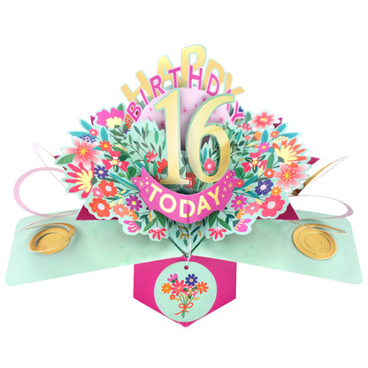 Love Kate's 16th birthday pop up card with colorful flowers and decorative gold accents