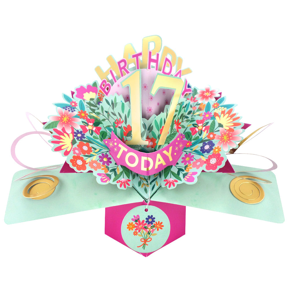 Love Kate's 17th birthday pop-up card with colorful flowers and cheerful design