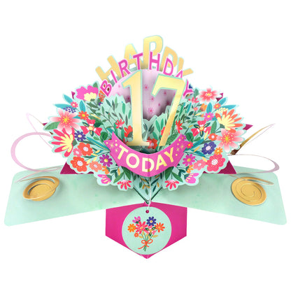 Love Kate's 17th birthday pop-up card with colorful flowers and cheerful design