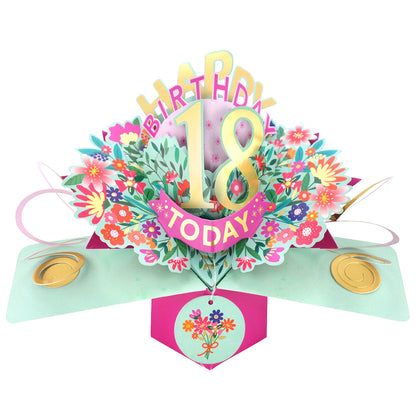 Love Kate's 18th birthday pop-up card with colorful flowers and gold accents for celebration