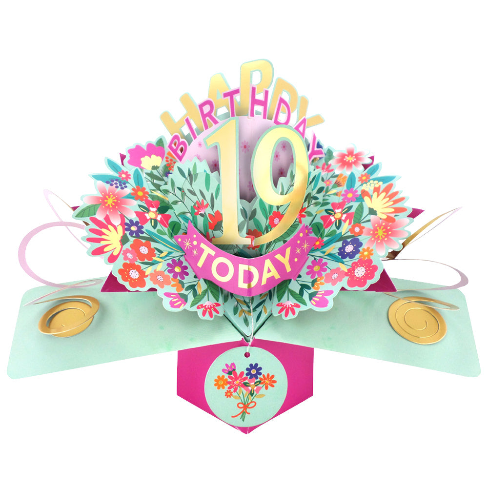 Love Kate's 19th birthday card pop up with colorful floral design and gold accents