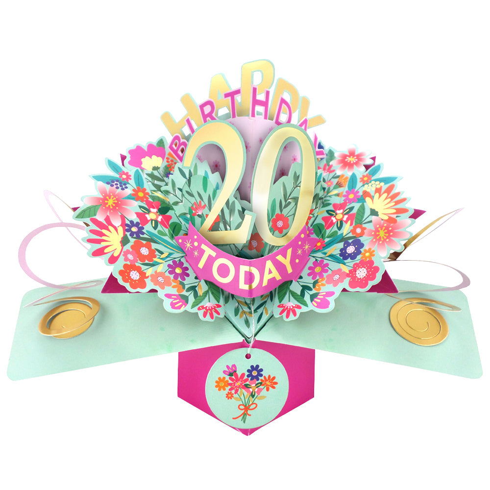 Love Kates 20th Birthday Card Pop Up with colorful floral design and cheerful 3D elements