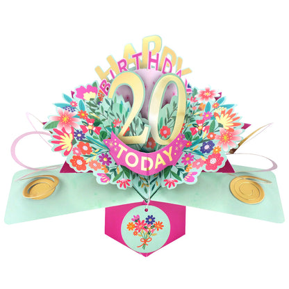 Love Kates 20th Birthday Card Pop Up with colorful floral design and cheerful 3D elements