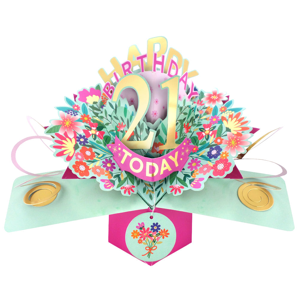 Love Kate's 21st birthday card pop up with colorful flowers and Happy Birthday text