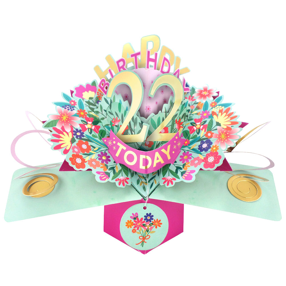 Love Kate's 22nd birthday pop-up card with colorful floral design and celebratory message