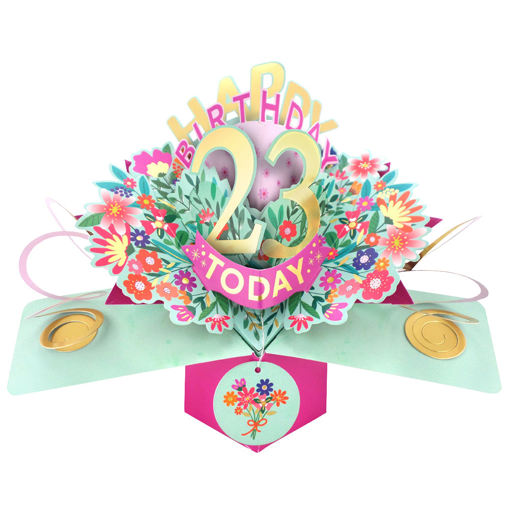 Love Kate's 23rd birthday pop-up card with colorful flowers and decorative 3D design