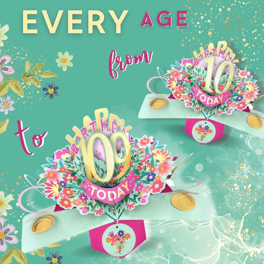 Love Kate's colorful pop up birthday cards for ages 10 and 109 with floral designs