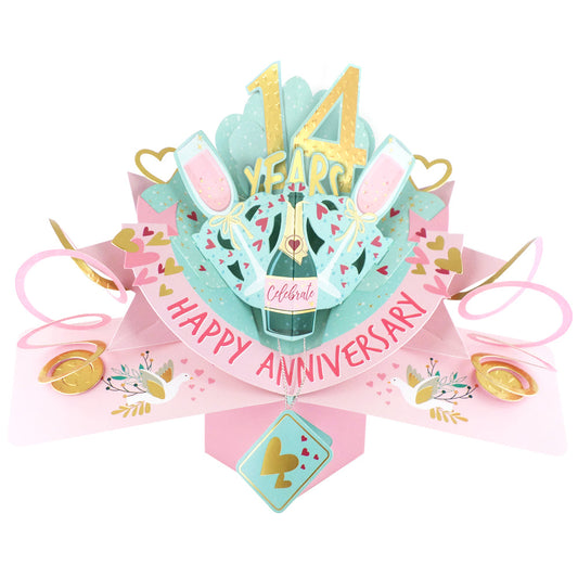 Colorful 14th anniversary pop up card featuring champagne glasses and celebratory design