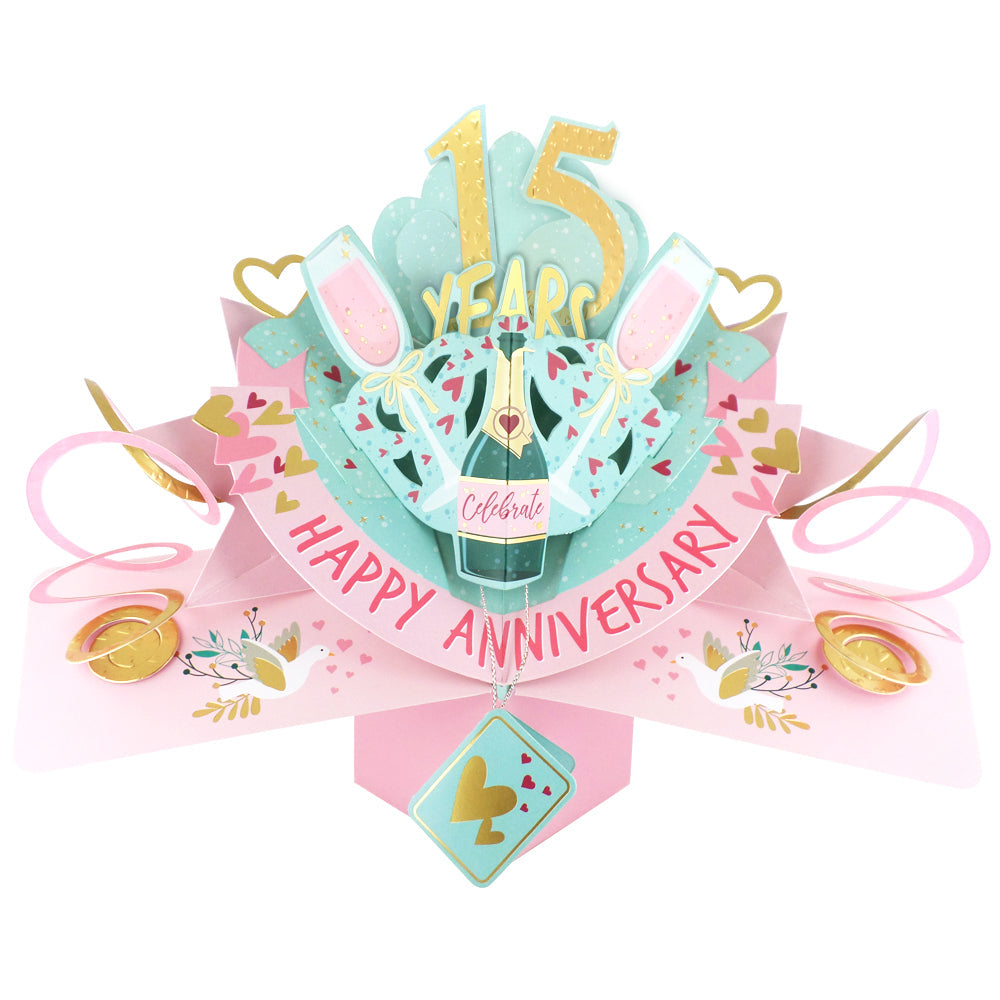 15th anniversary pop up card featuring champagne and celebratory elements in a colorful design