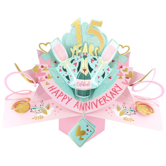 15th anniversary pop up card featuring champagne and celebratory elements in a colorful design