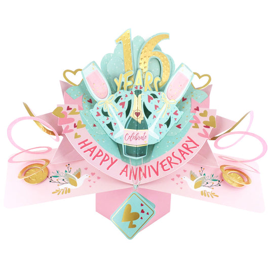 16th anniversary pop up card featuring champagne glasses and a festive design for celebrating love