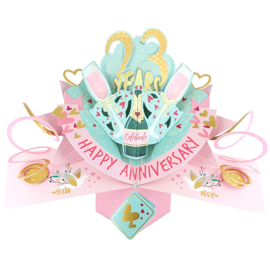 Colorful 23rd anniversary pop up card featuring balloons and champagne for a joyful celebration
