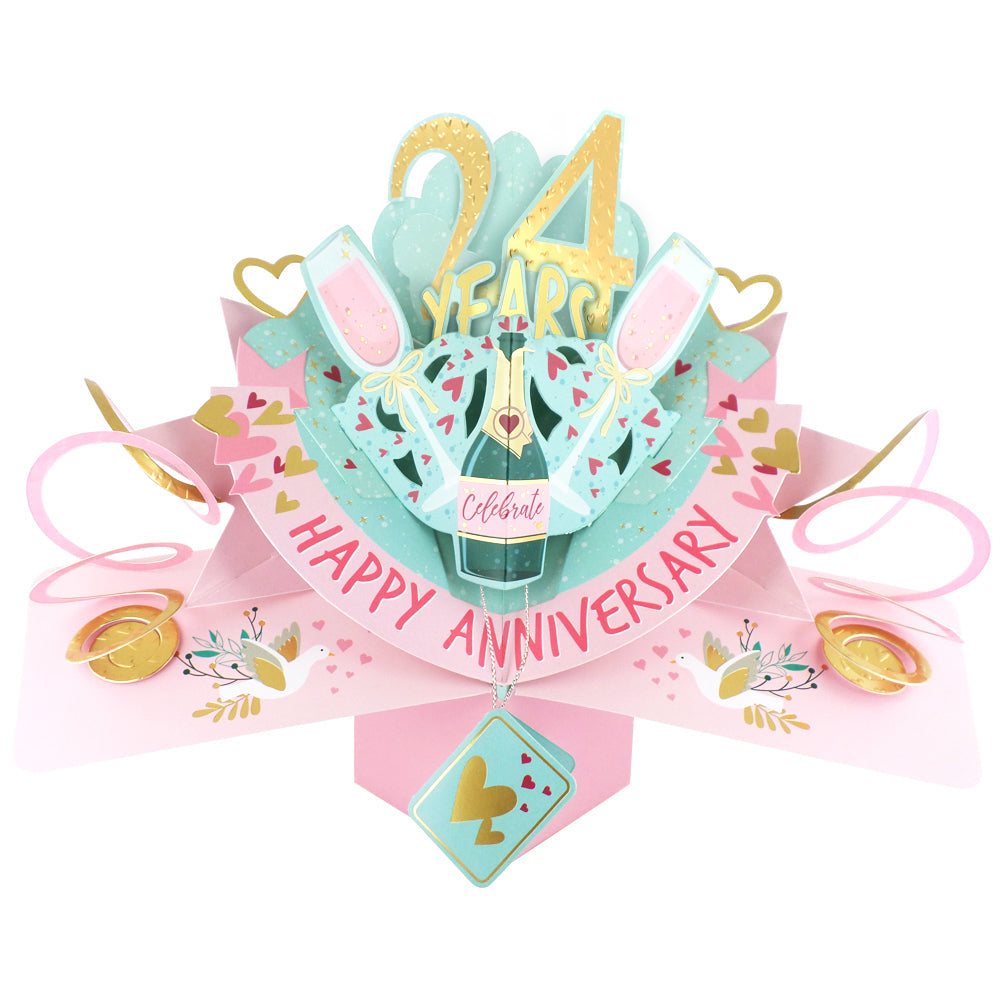 24th anniversary pop-up card featuring champagne glasses and celebratory design elements