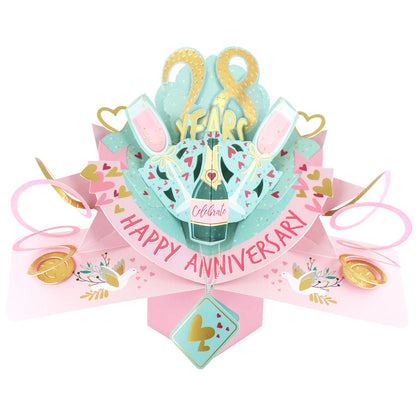 28th anniversary pop up card featuring colorful balloons, champagne glasses, and festive decorations