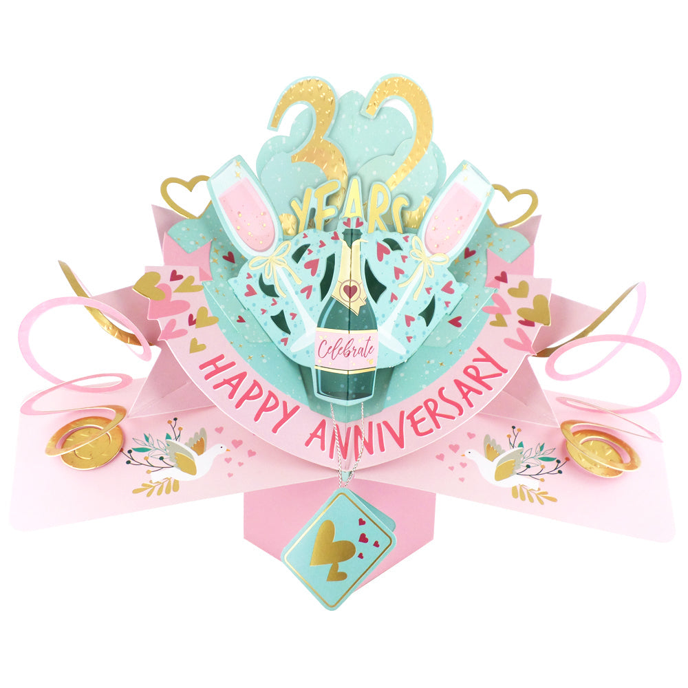 32nd anniversary pop up card featuring champagne and celebratory elements in a colorful design