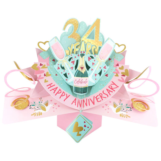 34th anniversary pop-up card featuring champagne glasses and celebratory designs for a special occasion