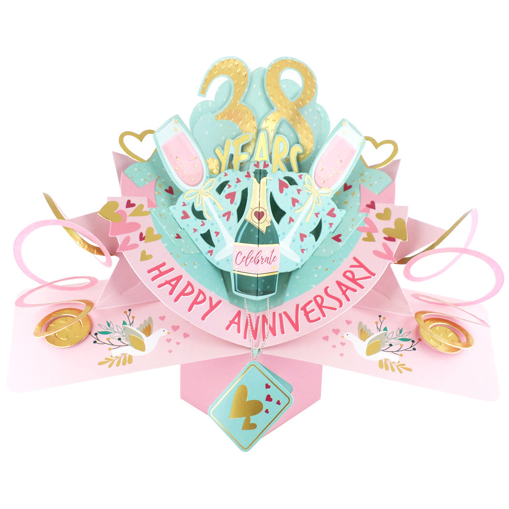 38th anniversary pop up card featuring champagne, hearts, and festive decorations for a special celebration