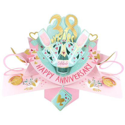 38th anniversary pop up card featuring champagne, hearts, and festive decorations for a special celebration