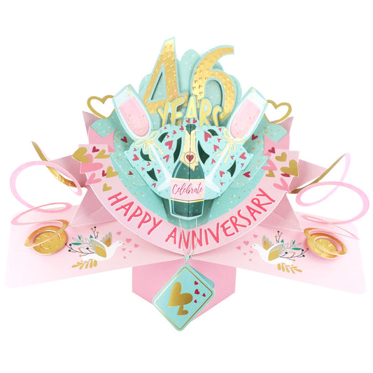 46th anniversary pop up card featuring champagne glasses and festive decorations for a joyful celebration