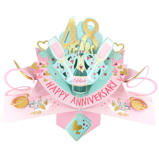 Colorful 48th anniversary pop-up card featuring a festive design with champagne glasses and celebratory text