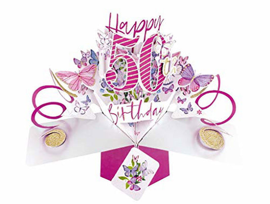 Second Nature Pop Ups 50th birthday pop-up card with pink butterflies and floral design