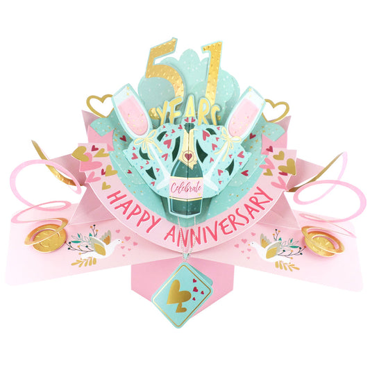 51st anniversary pop up card featuring champagne, balloons, and festive colors for celebration