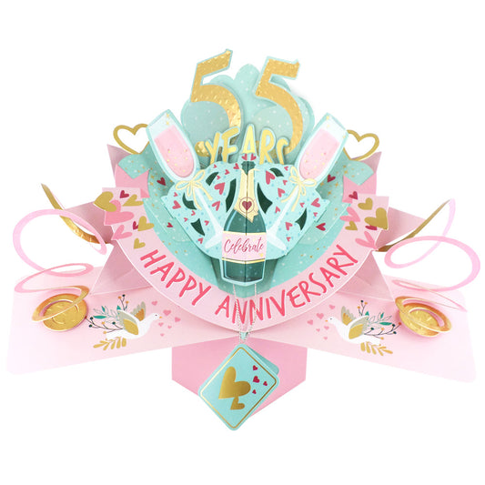 Beautiful 55th anniversary pop up card featuring champagne glasses and celebratory design for special occasions
