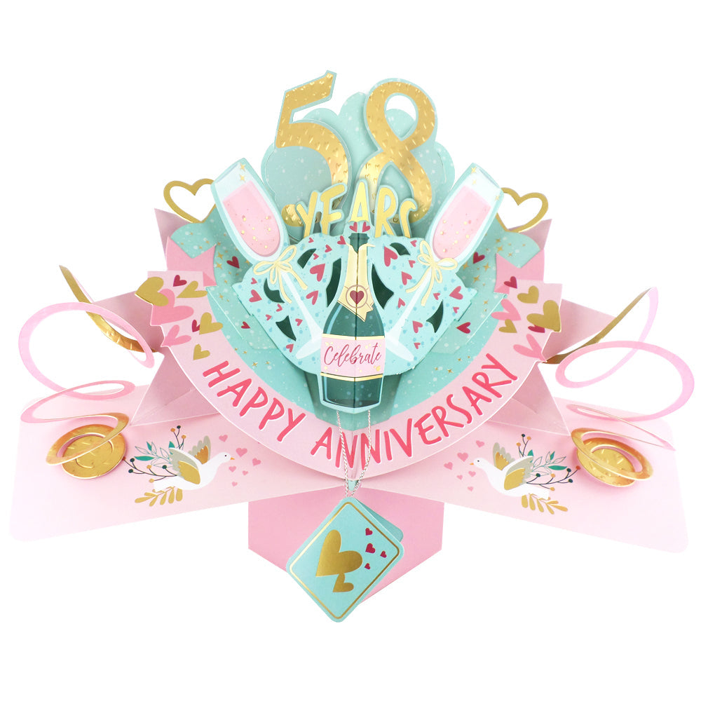 Colorful 58th anniversary pop up card featuring celebratory champagne and hearts