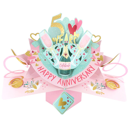 Colorful 5th anniversary pop up card featuring champagne and hearts for a memorable celebration