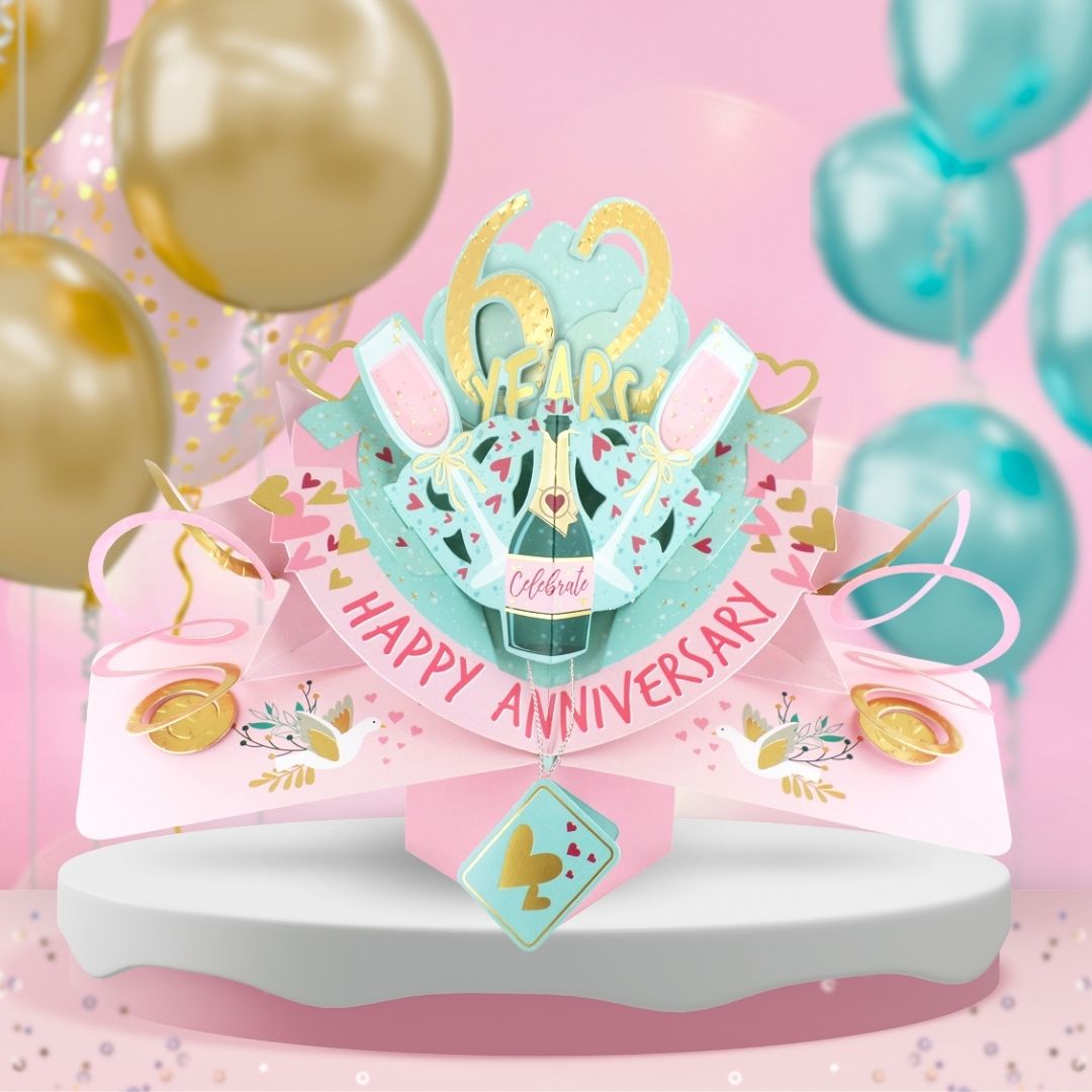 62nd anniversary pop up card design with colorful decorations and celebratory elements