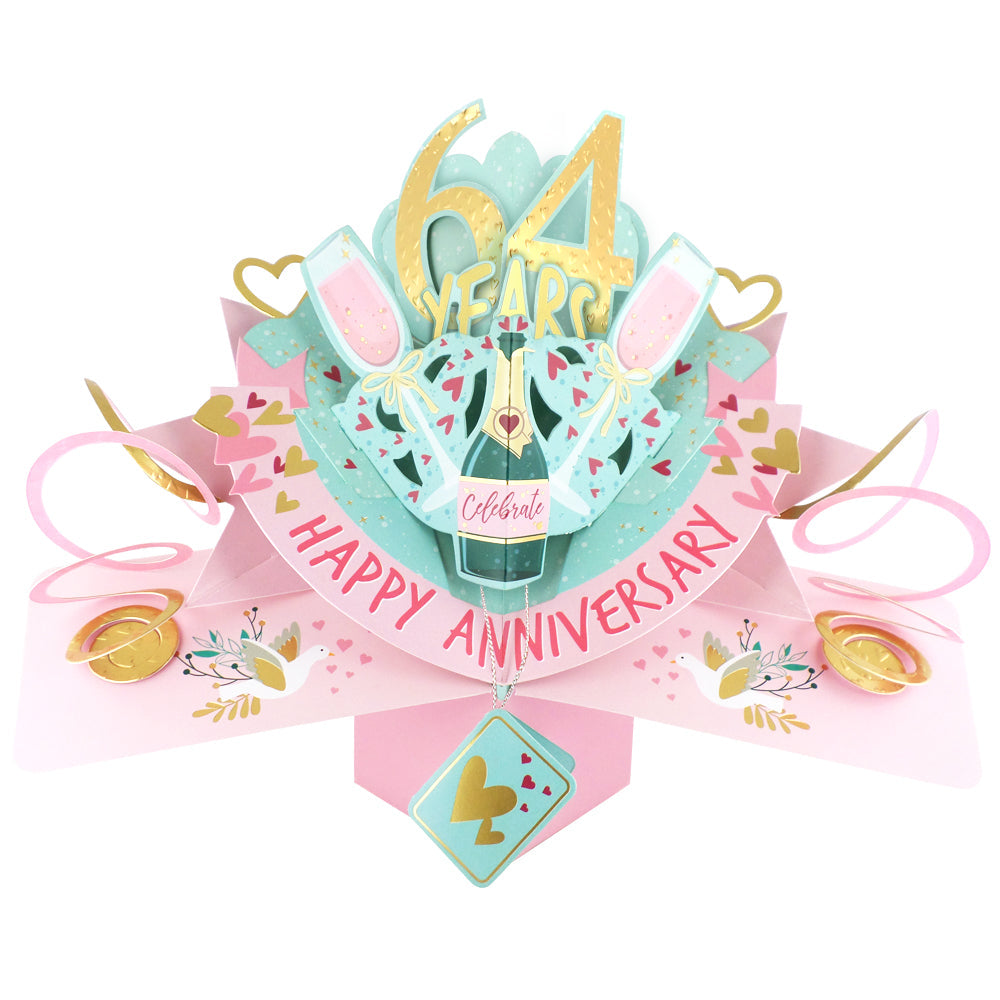 64th anniversary pop up card featuring champagne and festive decorations for a joyful celebration