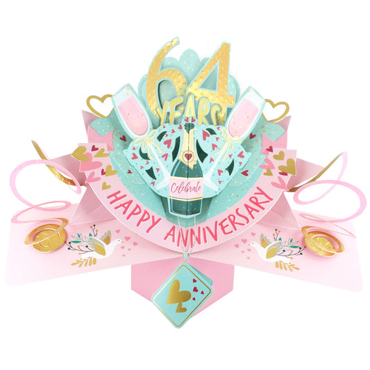 64th anniversary pop up card featuring champagne and festive decorations for a joyful celebration