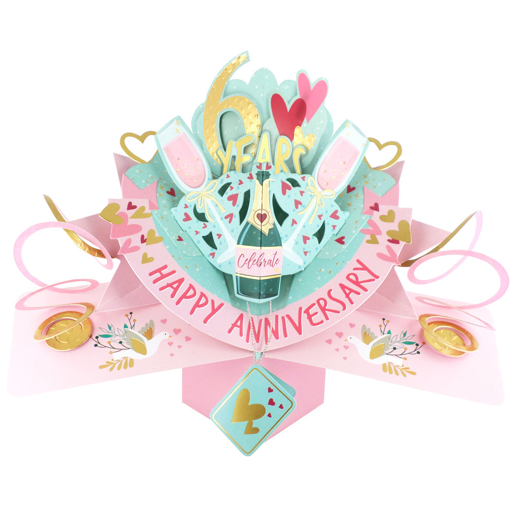 6th anniversary pop up card featuring champagne glasses and festive decorations for celebrating love